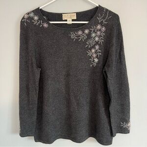 Casual Corner Womens Silk Cashmere Blend Sweater Beaded Flowers Gray Sz L Artsy